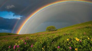 Double Rainbow Shines Over Green Field with Flowers and Tree photo