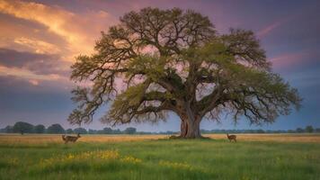 Majestic Old Tree in Meadow with Deer at Colorful Sunset photo