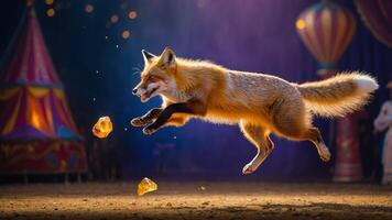 Fox Jumping for Treats in Colorful Circus Tent Backdrop Setting photo