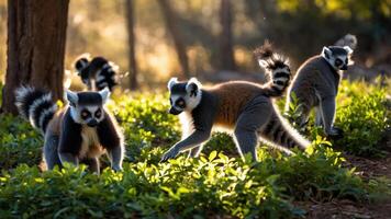 Lemurs Walking on Grassy Ground in Natural Habitat During Daytime photo
