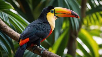 Colorful Toucan Perched on Branch in Lush Tropical Foliage Setting photo