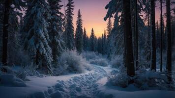 Snowy Forest Path at Dusk with Dramatic Sky and Trees photo