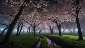 Blooming Cherry Trees at Night with Fog and Water Reflections photo