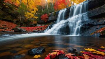 Cascading Waterfall with Autumn Colors Creating a Serene Nature Scene photo