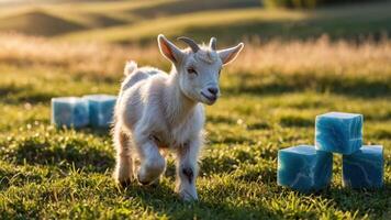 Young Goat Walking in Meadow with Cube Objects in Sunlight photo