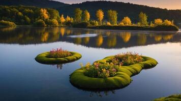 Floating Islands with Flowers in a Serene Lake Landscape photo