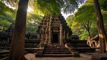 Ancient Stone Temple in Forest at Sunrise with Sunlight Streaming Through photo