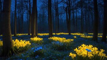 Yellow Daffodils Blooming in Forest at Dusk Creating Dreamy Scene photo
