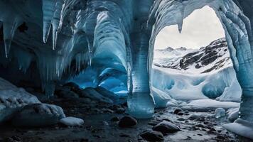 Exploring an Ice Cave Interior with Frozen Water and Mountain View photo
