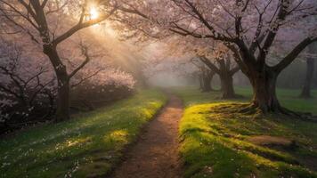 Walking Path Through Cherry Blossom Trees with Sunlight Streaming Through photo