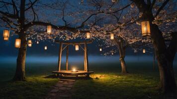 Illuminated Lanterns Hanging From Blossoming Trees in a Tranquil Garden Setting photo