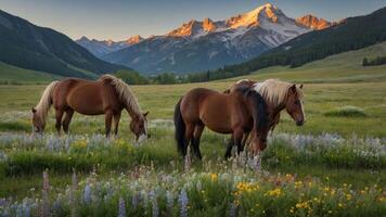 Horses Grazing in Mountain Meadow with Wildflowers at Sunset photo