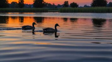 Two Ducks Swimming in Calm Lake During Colorful Sunset Scene photo