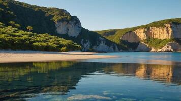 Coastal Beach Scene with Cliffs and Clear Water Reflection Serenity photo