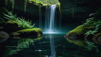 Cascading Waterfall Flows Into a Calm Pond Surrounded by Lush Vegetation photo