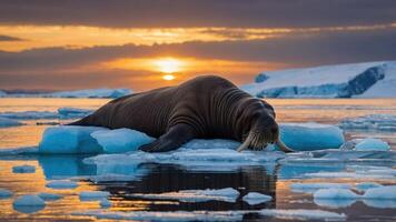 Walrus Resting on Ice Floe with a Striking Arctic Sunset photo