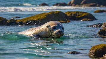 Seal Swimming in Clear Ocean Water Near Rocky Shoreline on Sunny Day photo