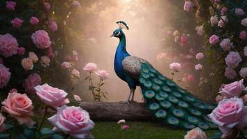 Peacock Standing on Log Among Pink Roses in a Misty Garden photo