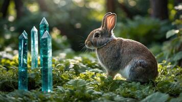 Rabbit Observing Blue Crystal Pillars in Green Meadow Setting photo