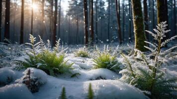 Ferns in Snow Covered Forest with Sunlight Breaking Through Trees photo