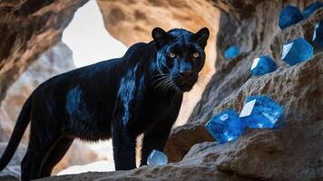 Black Panther Stalking in Cave with Blue Crystals Fantasy Scene photo