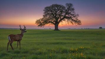 Deer Standing in Meadow with Large Tree at Sunset Scenery photo