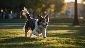 Happy Dog Running Through a Park on a Sunny Day photo