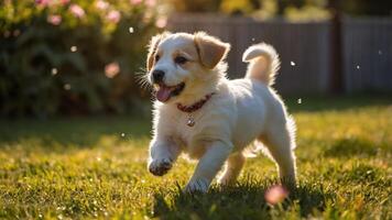 Puppy Running on Grass in Sunlight Enjoying Playtime Outside photo
