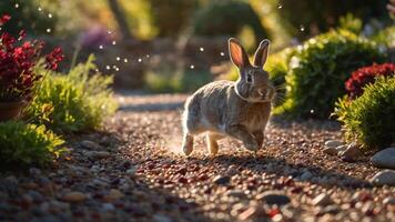 Rabbit Running Quickly Down Garden Path with Flowers and Pebbles photo