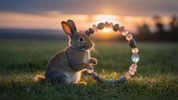 Rabbit Holding Stone Circle in Grassy Field at Sunset photo