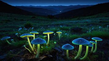 Glowing Mushrooms in a Dark Field with Distant Mountain Silhouettes photo
