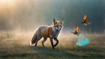 Fox Walking in Grassy Field with Butterflies on a Foggy Morning photo