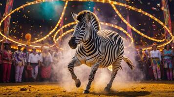 Zebra Running in Festive Arena Under Lights and Confetti photo