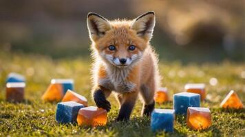 Fox Cub Walking on Green Grass with Colorful Decorative Cubes photo