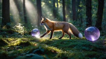 Fox Walking Through Forest with Glowing Spheres Under Sunlight photo