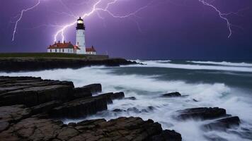 Lighthouse Standing Against Dramatic Sky with Lightning and Crashing Waves photo
