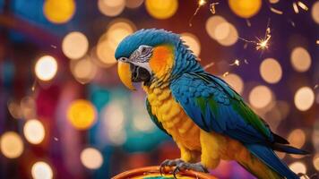 Vibrant Parrot Perched with Bokeh Lights Background in Festive Setting photo