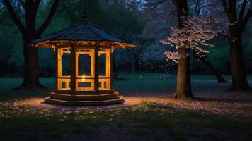 Illuminated Gazebo with Blossoms at Dusk in a Tranquil Park photo