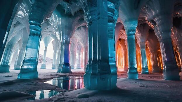 Exploring Inside an Ice Cave with Reflected Light and Columns photo