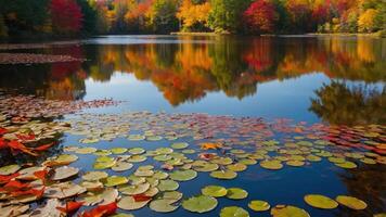 Autumn Lake Scene with Reflections of Fall Foliage and Lily Pads photo
