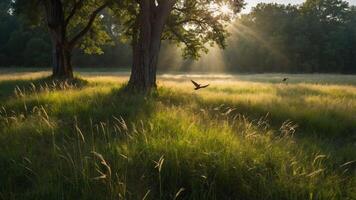 Birds Flying Over Grassy Field with Sunlight Streaming Through Trees photo