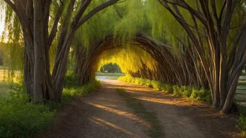 Walking Path Through Tree Tunnel with Sunlight Streaming Through Branches photo