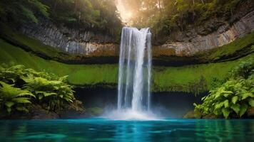 Cascading Waterfall Plunging Into Turquoise Pool Surrounded by Lush Forest photo
