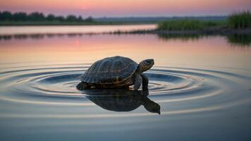 Turtle Walking Through Water During Sunset with Gentle Ripples photo