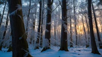 Walking Through a Snowy Forest at Sunset with Golden Light photo