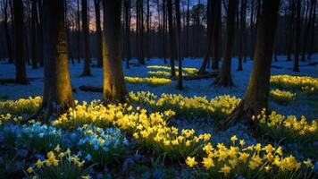 Daffodils Blooming in Forest Understory During Spring Evening Illumination photo