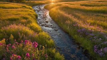 Stream Flowing Through Meadow with Wildflowers and Golden Sunset Light photo