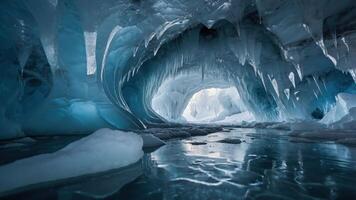 Exploring a Frozen Ice Cave with Icicles and Water Reflection photo
