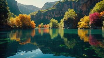 Reflections on Calm Lake Water with Autumn Colored Trees photo