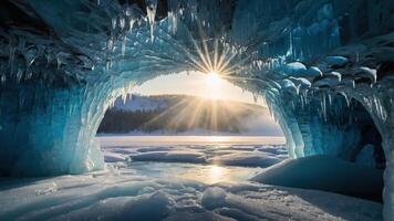 Exploring a Frozen Ice Cave at Sunset with a Brilliant Sunburst photo